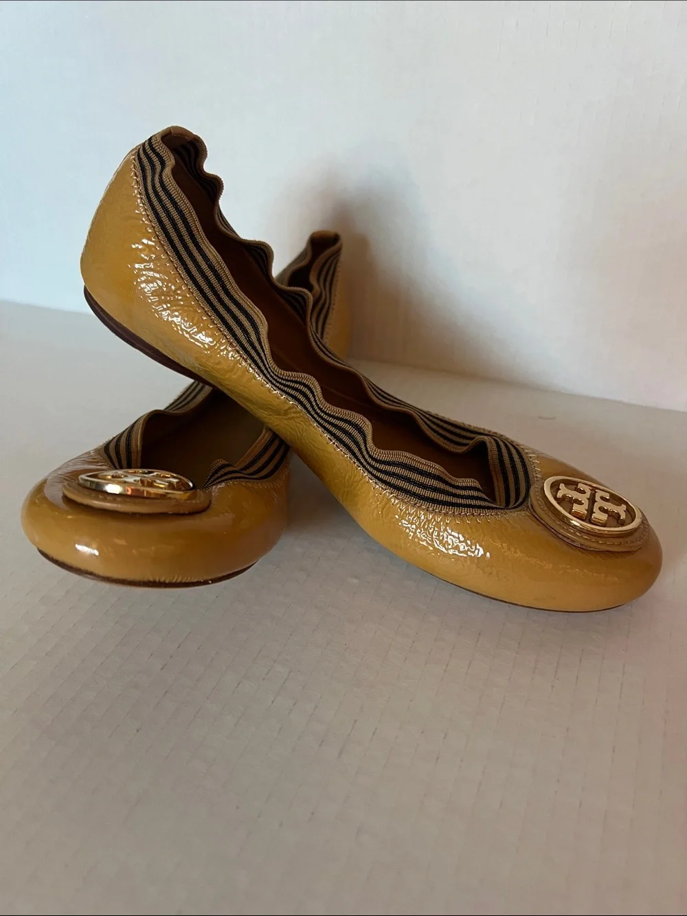 Tory Burch Mustard Patent Leather Logo Round-Toe Ballet Flats